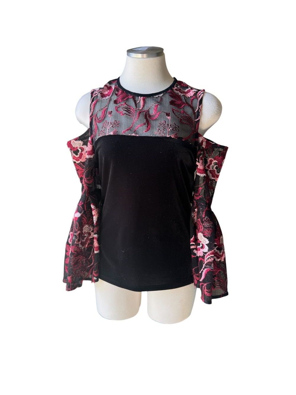 Anne Fontaine Black Top with Pink Floral Mesh Yoke and Cold-Shoulder Detail